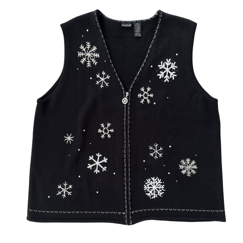 Northcrest Black Snowflake Zipper Vest 2X Cozy Winter Holiday‎ Fair Isle Knit